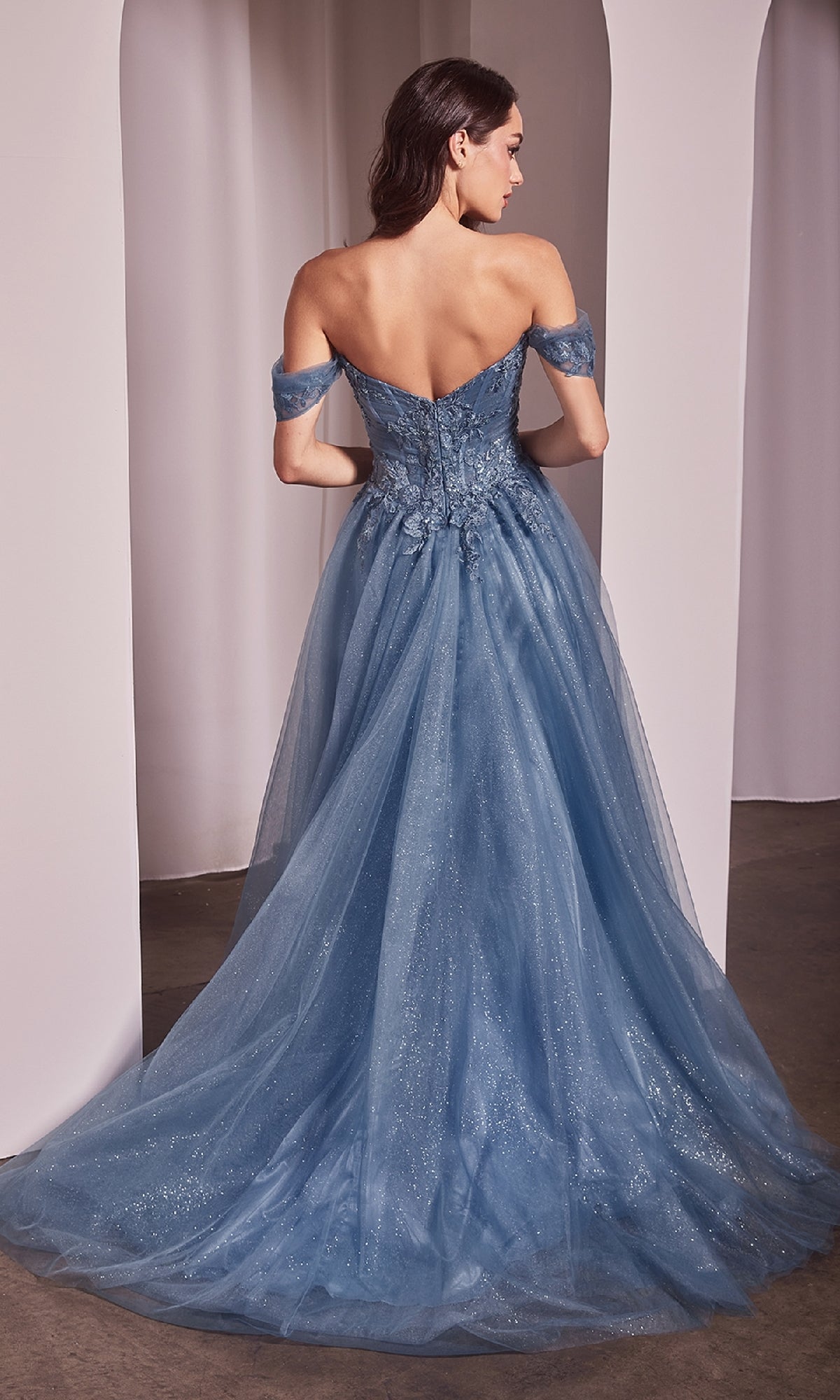 A woman in the Ladivine CD799 Off-Shoulder Long Prom Dress, featuring a fitted bodice and flowing glittery tulle skirt, stands with her back to the camera, highlighting the gown’s elegant evening style.